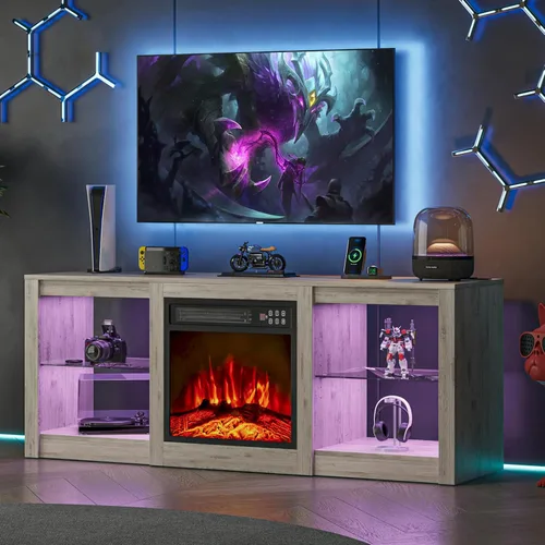 EAG Soporte de TV con chimenea para TV de 65 pulgadas, soporte de TV con chimenea eléctrica de 18 pulgadas, centro de entretenimiento con estantes