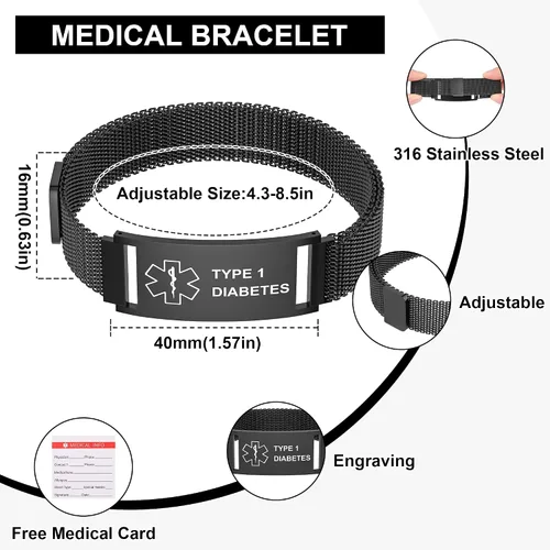 Miniatura 2 de Pulsera de alerta médica para mujeres y hombres, pulsera ajustable con identificación de alerta médica para epilepsia diabética D.N.R marcapasos