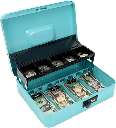 Miniatura 9 de Caja de efectivo con bandeja de dinero y cerradura, caja de dinero segura para efectivo, caja de bloqueo de metal con combinación, organizador