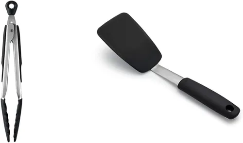 OXO Good Grips - Pinzas de 9 pulgadas con cabezales de silicona y Good Grips - Espátula flexible de silicona pequeña, color negro