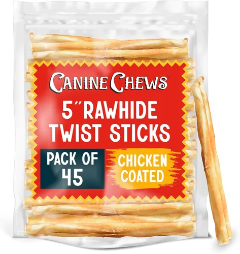Canine Chews Palitos recubiertos de pollo de 5 pulgadas, paquete de 45 golosinas de cuero crudo para perros de origen estadounidense, masticables