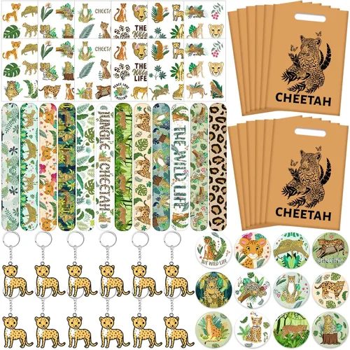 Regalos de fiesta de guepardo, pulseras con temática de guepardo, llaveros, insignia, tatuajes temporales, bolsas de regalo para niños, leopardo,