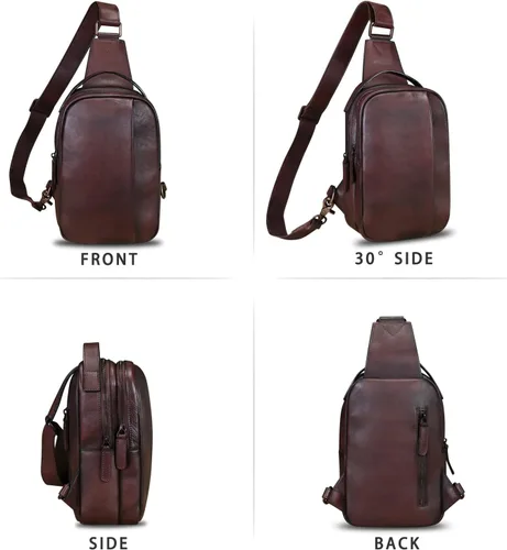 Miniatura 5 de LRTO Bolso de cuero genuino para hombres y mujeres, mochila bandolera de cuero real para el pecho, bolso cruzado, Café, Mochilas Sling