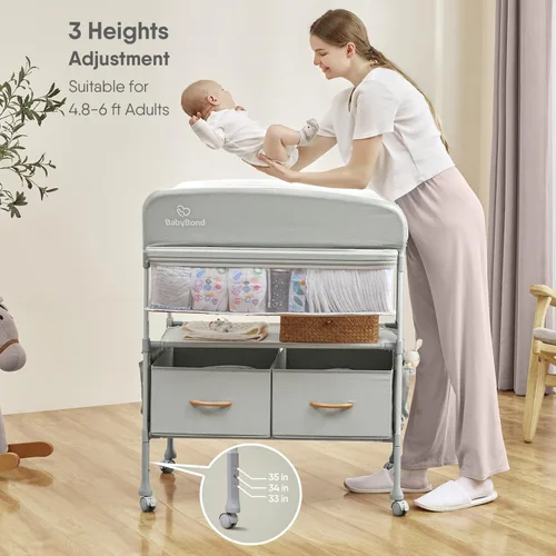 Miniatura 3 de BabyBond Cambiador portátil para bebé con 2 cestas de almacenamiento, cambiador plegable cómoda cambiador de pañales, estación de cambio ajustable