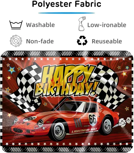 Miniatura 8 de Telón de fondo de feliz cumpleaños de 7 x 5 pies, cartel de fiesta de coche de carreras, pista de carreras, fondo de fotos a cuadros negros