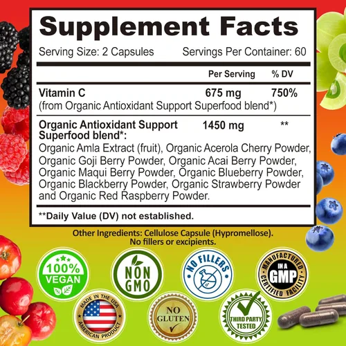 Miniatura 6 de Complejo de vitamina C de alimentos integrales, 1450 mg de bayas orgánicas, 675 mg de vitamina C por porción, antioxidante de alta potencia y apoyo