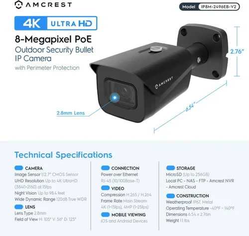 Miniatura 6 de Amcrest UltraHD 4K (8MP) Cámara IP POE de seguridad para exteriores, bala, visión nocturna de 98 pies, lente de 2.8mm, IP67 resistente a