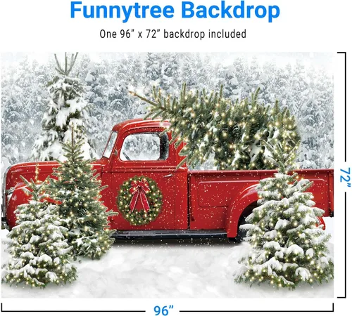 Miniatura 2 de Funnytree Telón de fondo de camión rojo navideño de 82" x 59", diseño de bosque nevado de invierno, árbol, fondo de Navidad, "Deja que nieve