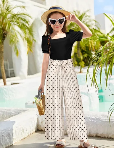 Miniatura 61 de DONWEN Conjunto de 3 piezas de ropa para niñas pequeñas y niñas con cuello cuadrado + pantalones elegantes + diadema para primavera y verano