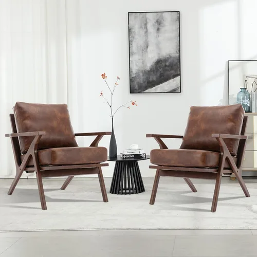 Miniatura 9 de INZOY Sillón moderno, estilo Accent de mitades de siglo, con marco de madera, de piel sintética, para sala de estar y dormitorio, sillón acolchado