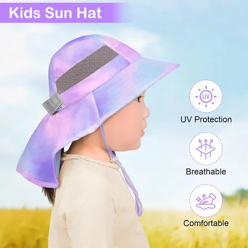 Miniatura 8 de Sombrero de sol para niños, protección UV, unicornio, verano, playa, jugar con ala ancha, solapa para el cuello para niñas y niños