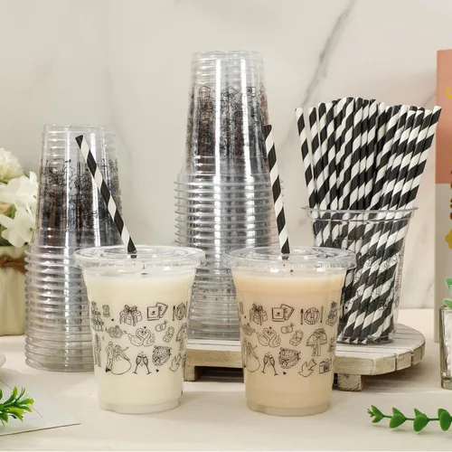 Miniatura 5 de Whaline Juego de 50 vasos de plástico para boda con tapas, popotes negros, para novia, novio, champán, desechables, tazas de café helado
