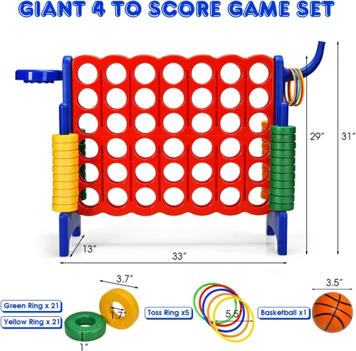 Miniatura 7 de HONEY JOY Juego gigante gigante de 4 a puntuación, 3 en 1 para interiores y exteriores, juego de patio familiar con aro de baloncesto y lanzamiento