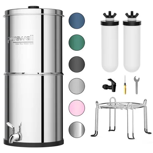 Purewell Sistema de filtro de agua alimentado por gravedad de 3 etapas, sistema de encimera de acero inoxidable de 2.25 galones con 2 filtros de