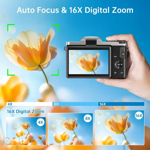 Miniatura 5 de Cámara digital 4K para fotografía con WiFi 64MP Cámara de vlogging de enfoque automático para video de YouTube de 3 pulgadas, pantalla abatible