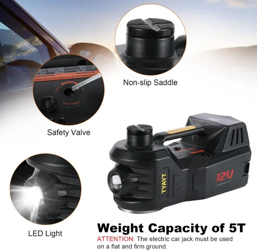 Miniatura 5 de TYAYT Kit de gato eléctrico para automóvil, gato hidráulico de 5 toneladas con bomba inflable incorporada, gato portátil de 12 V con luz LED