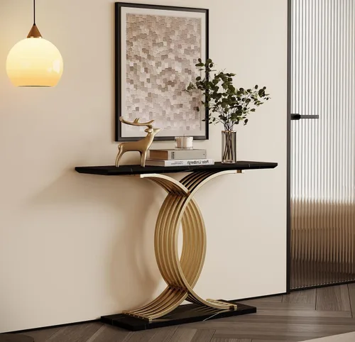 Mesa consola de 43.3 pulgadas con patas de metal entrelazadas doradas, mesa de entrada decorativa negra y dorada, 43.31 x 11.69 x 31.5 pulgadas,