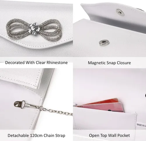 Miniatura 8 de Bolso de noche para mujer, con lazo de cristal brillante, con solapa, bolso de mano para mujer, boda, fiesta, baile de graduación