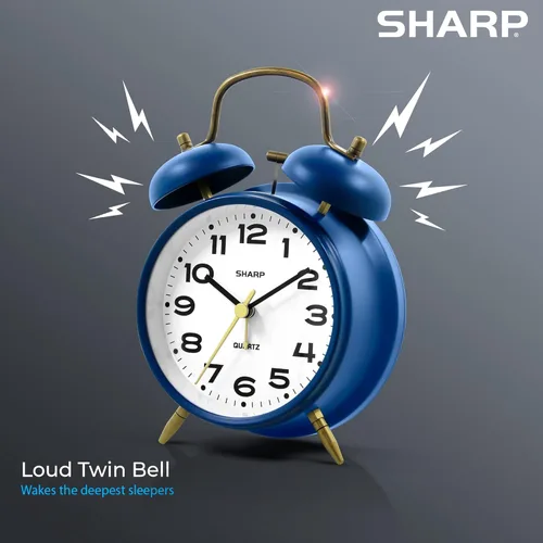 Miniatura 4 de Sharp Reloj despertador de doble campana, alarma fuerte, ideal para durmientes pesados, analógico de cuarzo a pilas (plata cepillada)