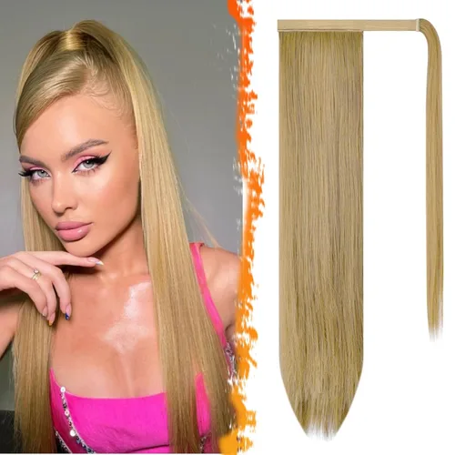 Miniatura 45 de BARSDAR Extensión de cola de caballo de 28 pulgadas largo recto envoltura alrededor del clip en pelo de fibra sintética para mujeres, negro