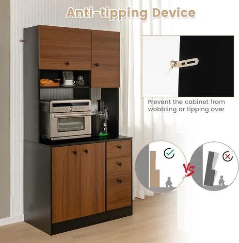 Miniatura 7 de Giantex Despensa de cocina, buffet con 3 armarios de almacenamiento, armario grande de piso de 71 pulgadas con 3 cajones profundos, encimera ancha