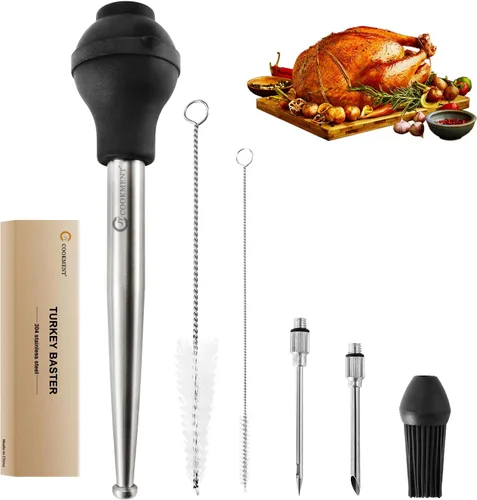Miniatura 9 de JY COOKMENT Jeringa de acero inoxidable para pavo Baster Baster Jeringa para cocinar Inyector de carne con 2 agujas de marinada, 1 cepillo de Acero