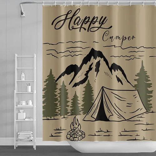 Miniatura 18 de Cortina de ducha Happy Camper de 48 x 72 pulgadas, diseño de caricaturas, remolque, hoguera, aventura al aire libre, cortina de baño para decoración