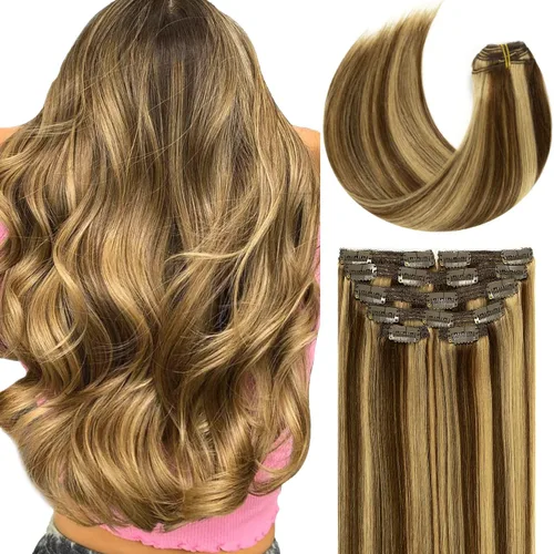 Miniatura 71 de Lacer Extensiones de cabello humano real con clip, color castaño claro, con reflejos rubio platino, grueso, sedoso y lacio, extensiones de cabello