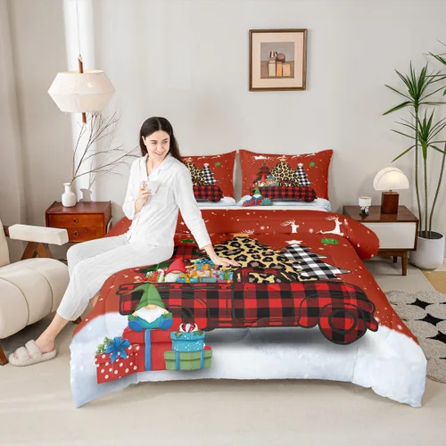 Miniatura 21 de Juego de edredón de Feliz Navidad para niños, tamaño twin, juego de ropa de cama de camión rojo árboles de pino copos de nieve, decoración