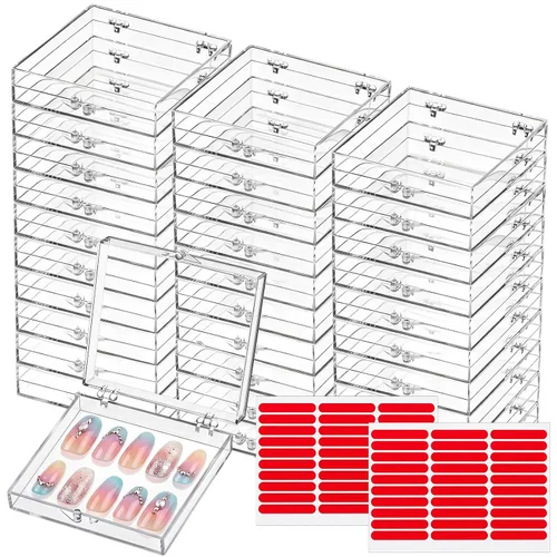Miniatura 8 de Landhoow Cajas para uñas a presión de 15 piezas con 30 cintas adhesivas, organizador de almacenamiento de uñas artificiales a presión, organizador