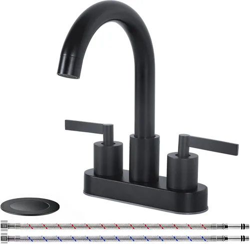 KINGO HOME Grifo de lavabo de baño negro mate, grifo de baño en cascada de 2 o 3 agujeros, grifos centrales de 4 pulgadas, 2 manijas de tocador,