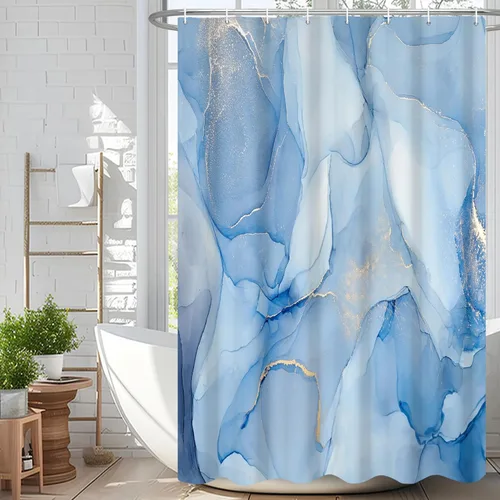 Miniatura 82 de Cortina de ducha abstracta de mármol negro gris y dorado con grietas, cortina de baño moderna ombre impresa, cortina impermeable y lavable de tela
