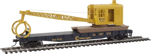 Miniatura 2 de Walthers Trainline Flatcar con grúa lista para funcionar - Chessie/Baltimore y Ohio 9151, azul y amarillo