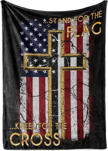 Stand for the Flag - Manta de bandera estadounidense con rodillas para la cruz, manta patriótica y cristiana para cama, sofá o decoración del hogar,