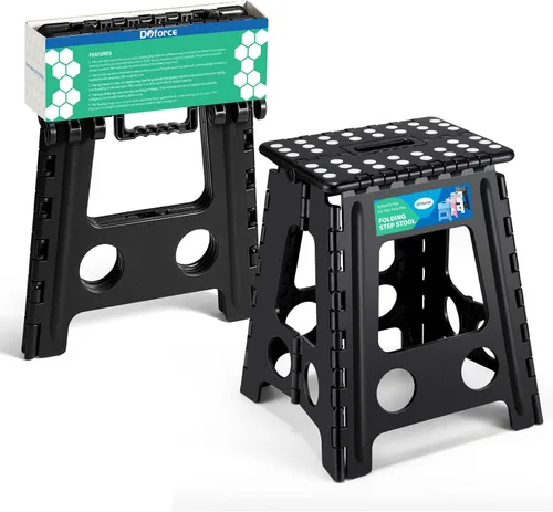 Dyforce Taburete plegable de 16 pulgadas, capacidad de 400 libras, taburete plegable de plástico resistente para adultos, taburete con asa, fácil de