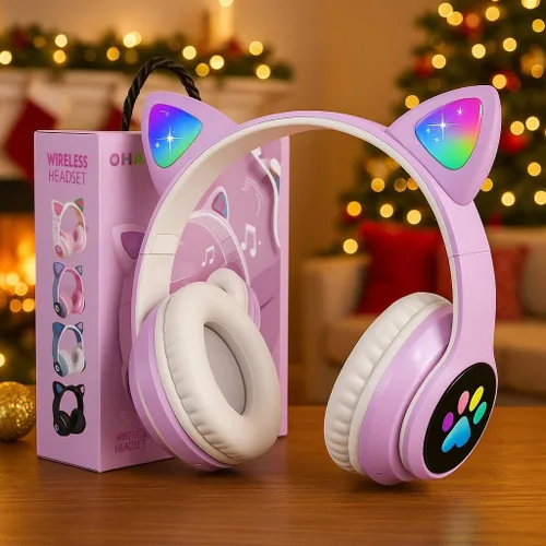 Miniatura 9 de Auriculares Bluetooth con cancelación de ruido para niños, auriculares plegables con forma de orejas de gato y luz LED, auriculares con orejas