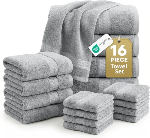 LANE LINEN - Juego de toallas de baño de 16 piezas, color gris espacial, 100% algodón, altamente absorbente, 4 para manos y 8 paños
