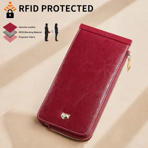 Miniatura 6 de FOXLOVER Portatarjetas de crédito múltiples para mujer, con bloqueo RFID, cartera de cuero para mujer con bolsillo con cremallera, rojo vino