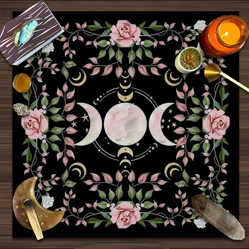Mantel de tarot floral de fase lunar, mantel de tarot de astrología, tarjetas de adivinación, mantel de brujería, tapiz para decoración de pared