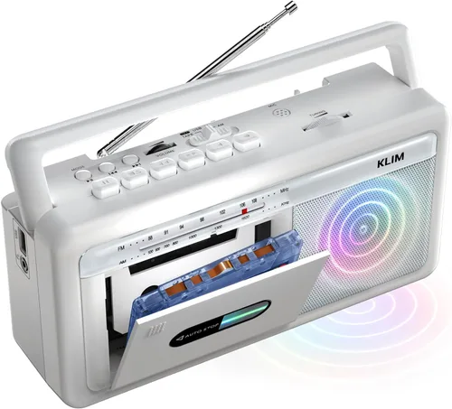 KLIM Reproductor de casetes portátil y grabadora de cinta, Boombox con radio AM/FM, USB, Bluetooth, altavoz y conector para auriculares, funciona