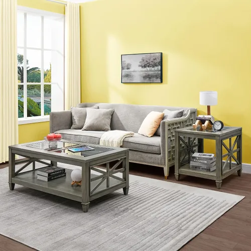 Miniatura 5 de Mesa de centro de madera maciza con tapa de vidrio templado, mesa rectangular para sala de estar con estante de almacenamiento de 2 neumáticos, mesa