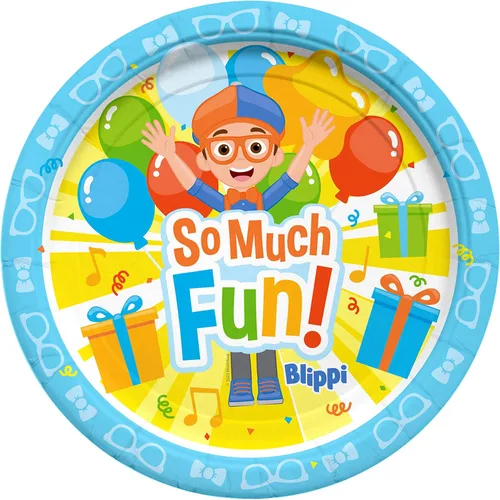 Treasures Gifted Platos de postre Blippi con licencia oficial de 8 unidades – 7 pulgadas – Platos de fiesta Blippi – Suministros para fiesta de