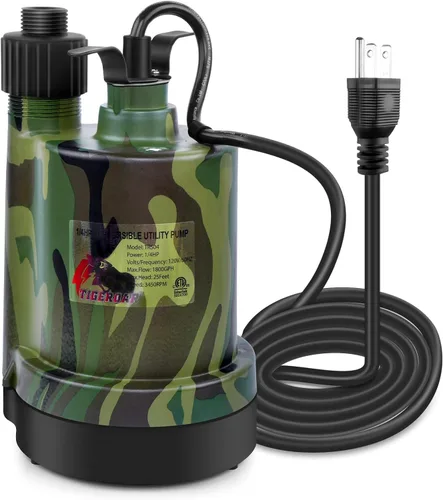 TIGEROAR Bomba sumergible de agua de 120 V 1/4 HP 1800 gph, bomba de transferencia de agua sumergible con cable de 10 pies y adaptador de manguera