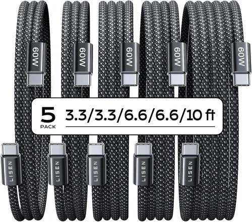 LISEN Cable USB C a USB C, paquete de 5 [3.3/3.3/6.6/6.6/10 pies] para iPhone 17, cable C a C de carga rápida para iPad, iPhone 16 15 Pro Max, Negro