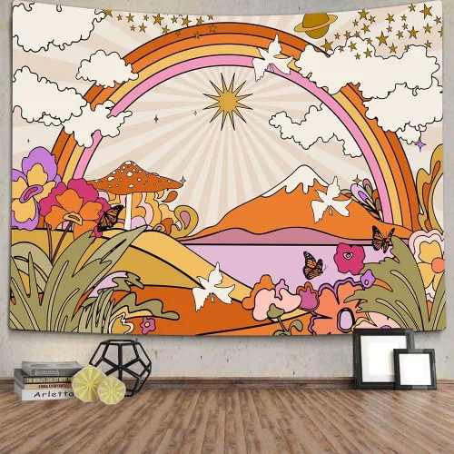 Miniatura 7 de TOMOZ Tapiz vintage de los años 70 y 60, diseño retro de flores, nubes, sol y arco iris, tapiz para colgar en la pared, tapiz psicodélico bohemio