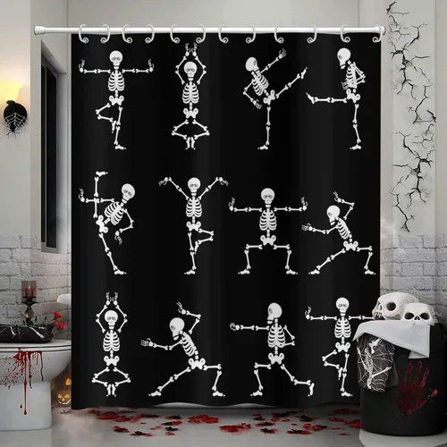 Miniatura 12 de Cortina de ducha de Halloween, con temática de Halloween, diseño de murciélago blanco y negro, decoración de fiesta de Halloween, tela impermeable