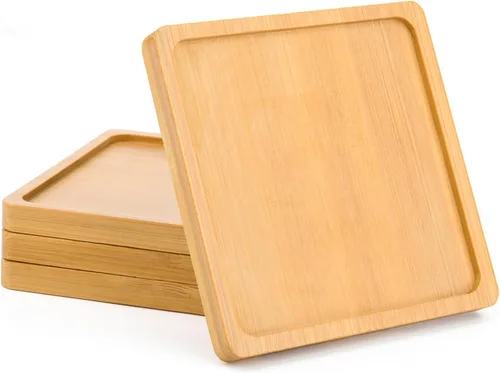 Cosmos 4 piezas de platillo de bambú para suculentas, bandeja de drenaje con borde elevado para macetas pequeñas de 3.5 pulgadas (forma cuadrada)