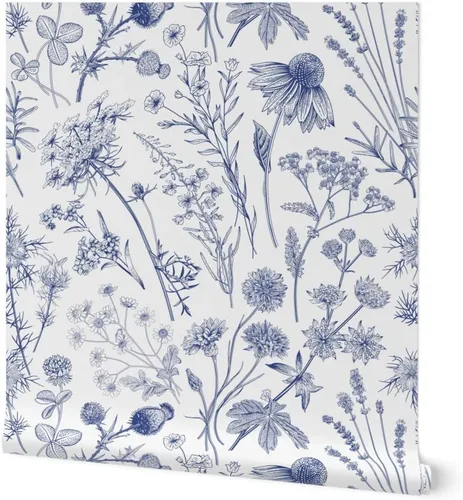 Papel tapiz para despegar y pegar, flores silvestres, blanco, vintage, azul, floral, retro, extraíble, por Spoonflower