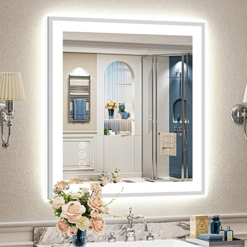Miniatura 118 de 24x30 Espejo de baño LED con marco negro con luces, retroiluminado + iluminación frontal, espejo de tocador iluminado antivaho para pared de baño