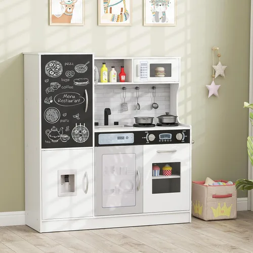 Costzon Juego de cocina para niños, gran juego de juguetes de cocina de chef de madera con sonidos y luces reales, microondas, pizarra, horno,